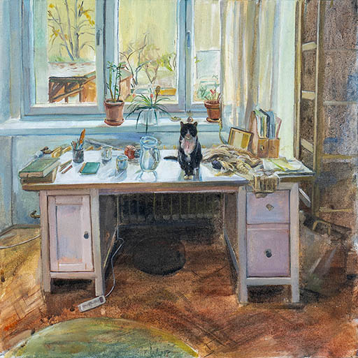 Jan Chlup, painting, cat in the interior, 30x30 cm, oil on canvas, 2022
