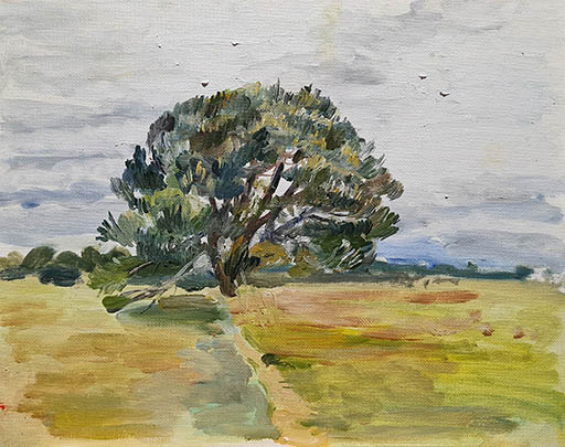 Jan Chlup, painting, tree in the meadow, 30x20 cm, oil on canvas, 2022